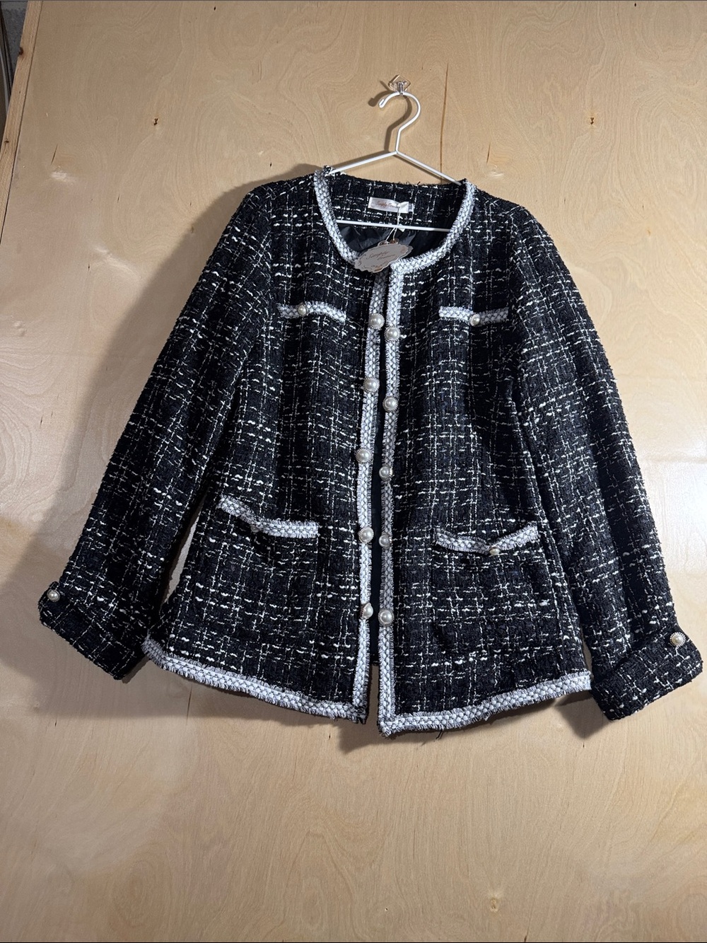 Simply Couture Black Open Tweed Jacket with White Trim and Pearl Buttons Size XL